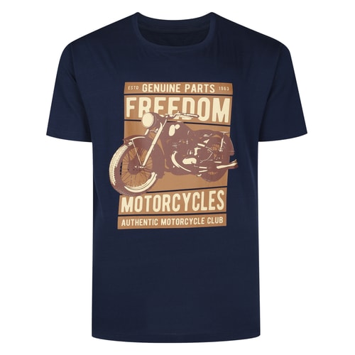 Navy tall T-shirt front view with large Freedom motorcycle print.