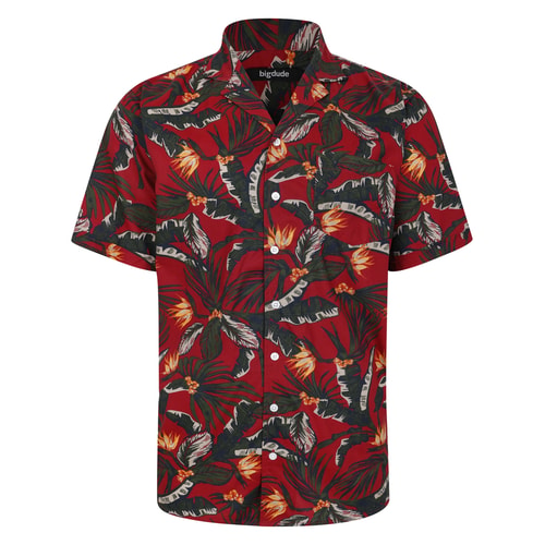 Alternate front view of pepper red tropical print shirt.