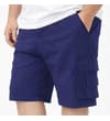 Thumbnail Navy cargo shorts worn, angled front view with side pockets.