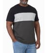 Thumbnail Model wearing black, light grey and charcoal panel T-shirt.