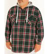 Thumbnail Model wearing green and red checked hooded shirt, front view.