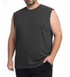 Thumbnail Model wearing charcoal sleeveless T-shirt, front view.