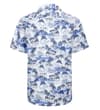 Thumbnail Back view of blue and white palm tree print short sleeve shirt.