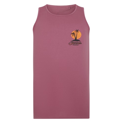 Mauve tank top with small palm tree chest print, front view.