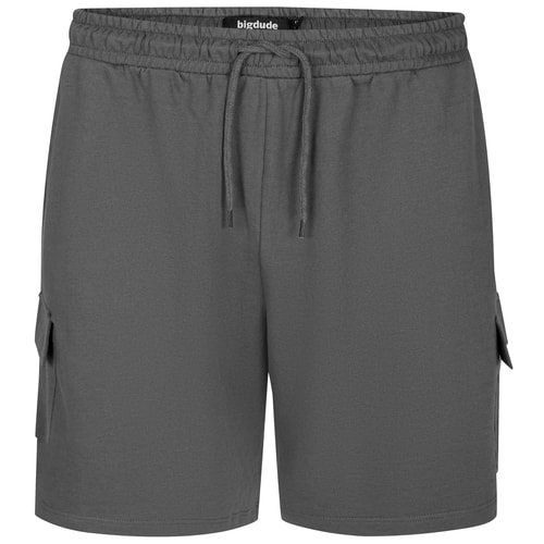Charcoal cargo shorts front view with drawstring waist.