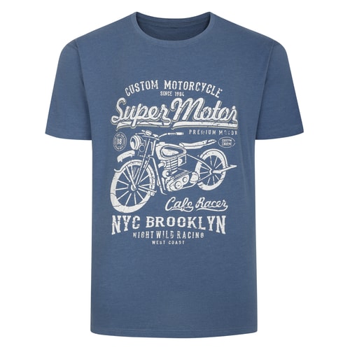 Denim marl crew neck T-shirt with white motorcycle print.