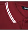 Thumbnail Close-up of the burgundy collar and top button with white stripes.