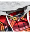 Thumbnail Close-up of grey hood and drawstrings at the collar.