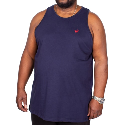 Navy tall tank top with red chest logo, front view.