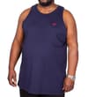 Navy tall tank top with red chest logo, front view.