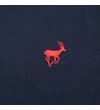 Thumbnail Close-up of red embroidered logo on navy sweatpants.
