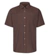 Brown check short sleeve button-up shirt, front view.