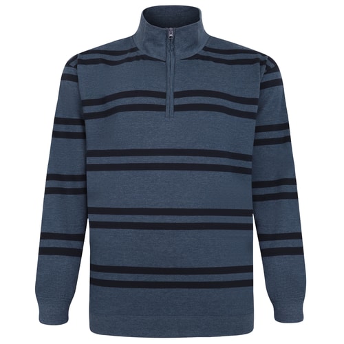 Front view of denim blue half-zip striped sweatshirt.