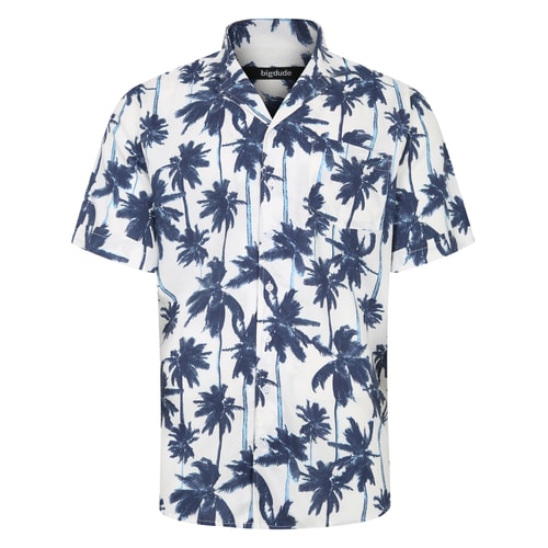 Bigdude Blue Palms Viscose Relaxed Collar Shirt White