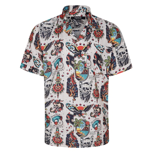 Bigdude Relaxed Collar Vintage Tattoo Short Sleeve Shirt Cream Tall
