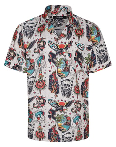 Bigdude Relaxed Collar Vintage Tattoo Short Sleeve Shirt Cream Tall