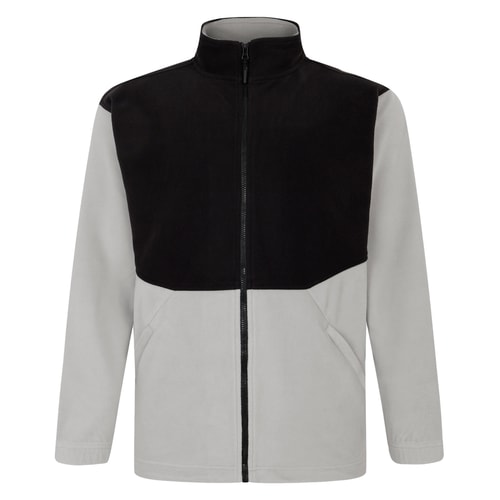 Front view of black and light grey fleece jacket.