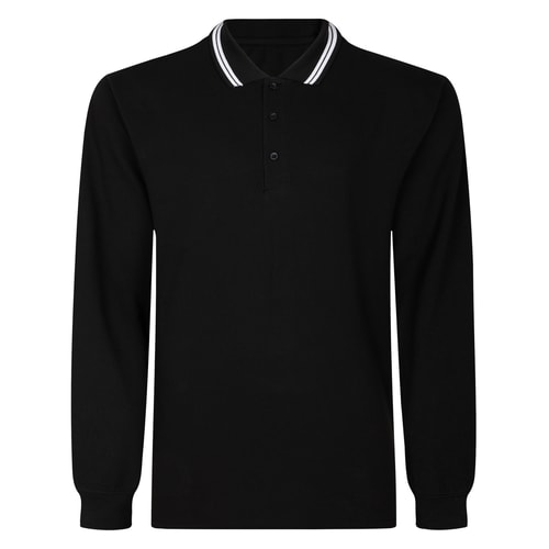 Front view of black long sleeve polo with tipped collar.