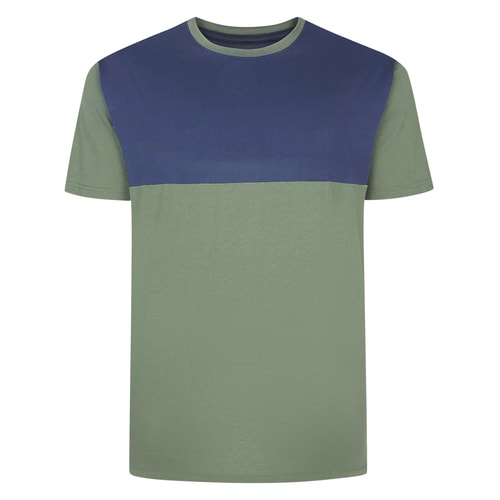 Front view of sage green and navy panelled T-shirt.