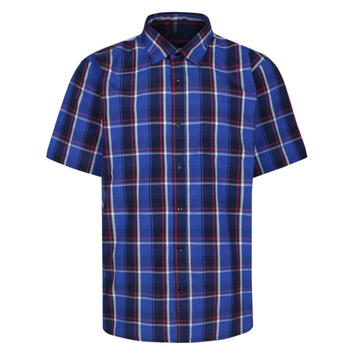 Front view of bright blue checked short sleeve shirt.