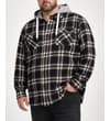 Thumbnail Black and beige checked hooded flannel shirt, worn front view.