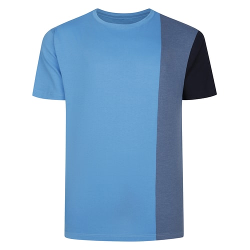 Front product view of light blue vertical colour block T-shirt.