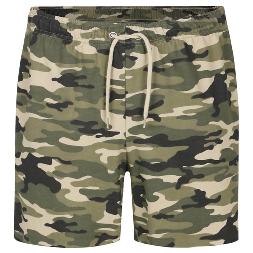 Khaki camo shorts alternate front product view.