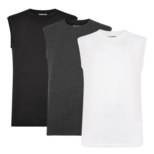 Three sleeveless tall T-shirts in black, charcoal marl and white.