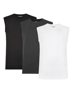 Bigdude 3 Pack Plain Sleeveless T-Shirt Black/Charcoal/White Tall