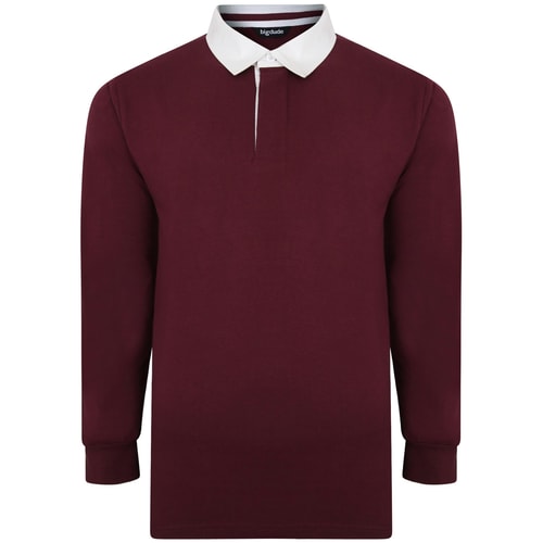 Burgundy long sleeve rugby shirt with white collar, front view.