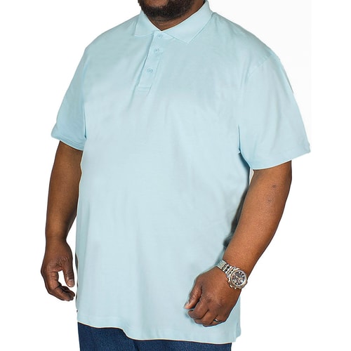 Light blue tall polo shirt, angled front view on model.