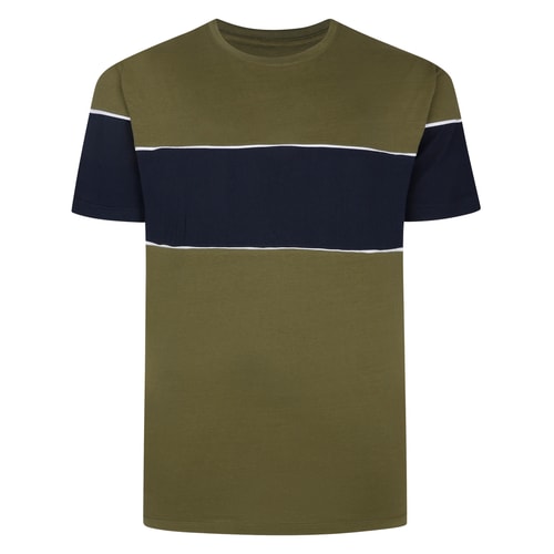 Front view of khaki T-shirt with navy chest panel.