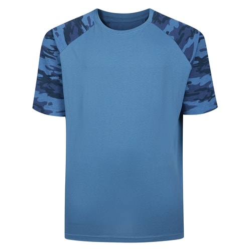 Front view of blue raglan T-shirt with camo sleeves.