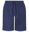 Thumbnail Navy swim shorts front view with black drawstring waist.