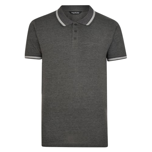 Charcoal polo shirt with tipped collar and sleeves, front view.