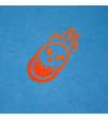 Thumbnail Close-up of orange flaming skull chest print on blue fabric.