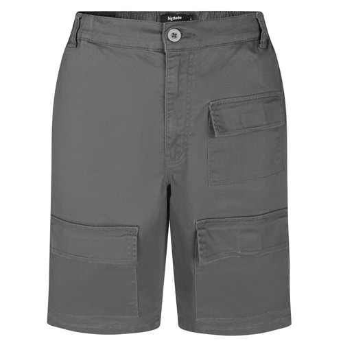 Front view of charcoal utility shorts with cargo pockets.