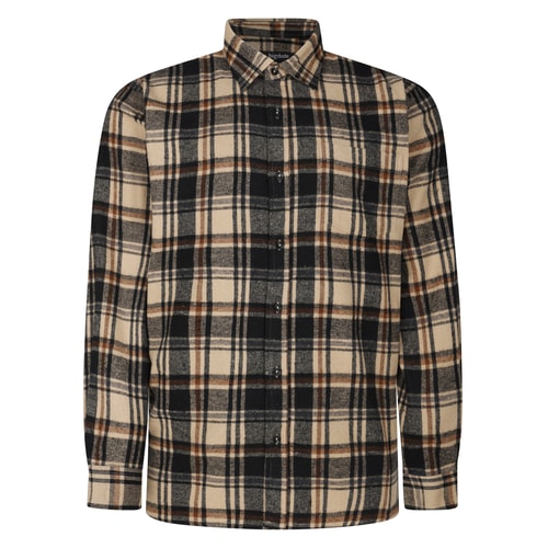 Front view of sand checked long sleeve flannel shirt.
