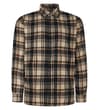 Front view of sand checked long sleeve flannel shirt.