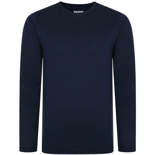 Navy long sleeve crew neck T-shirt, front view.