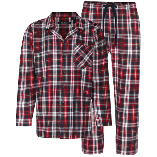 Red check pyjama set with button shirt and matching trousers.