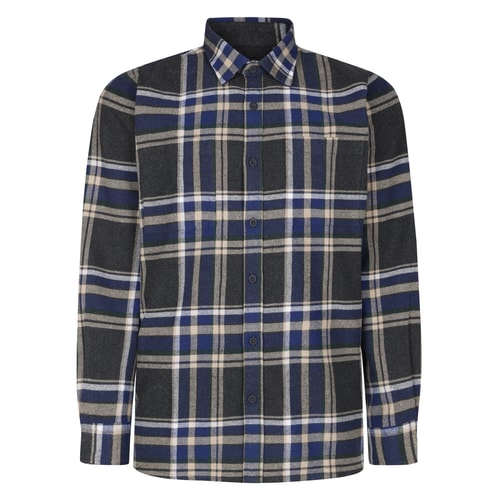 Charcoal check flannel overshirt laid flat, front view.