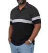 Thumbnail Model wearing charcoal colour block polo, angled front view.