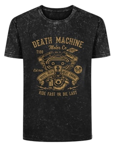 Bigdude Death Machine Print Short Sleeve Acid Wash T-Shirt Washed Black