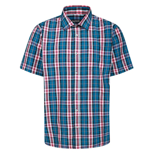 Bigdude Open Collar Checked Short Sleeve Poplin Shirt Blue