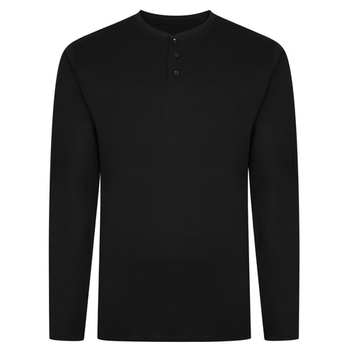 Black long sleeve grandad T-shirt, front flat view.