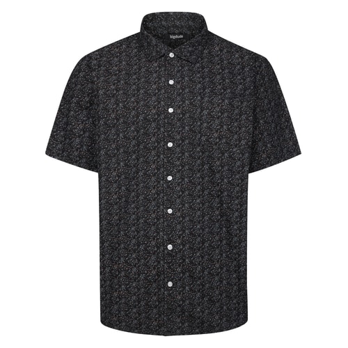 Black abstract floral short sleeve shirt, flat front view.