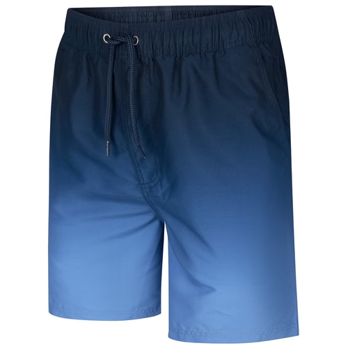 Navy to blue ombre swim shorts, angled front view.