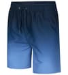 Navy to blue ombre swim shorts, angled front view.