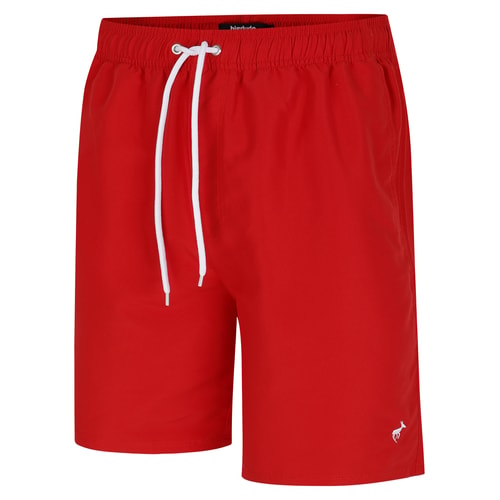 Front view of red swim shorts with small white leg logo.